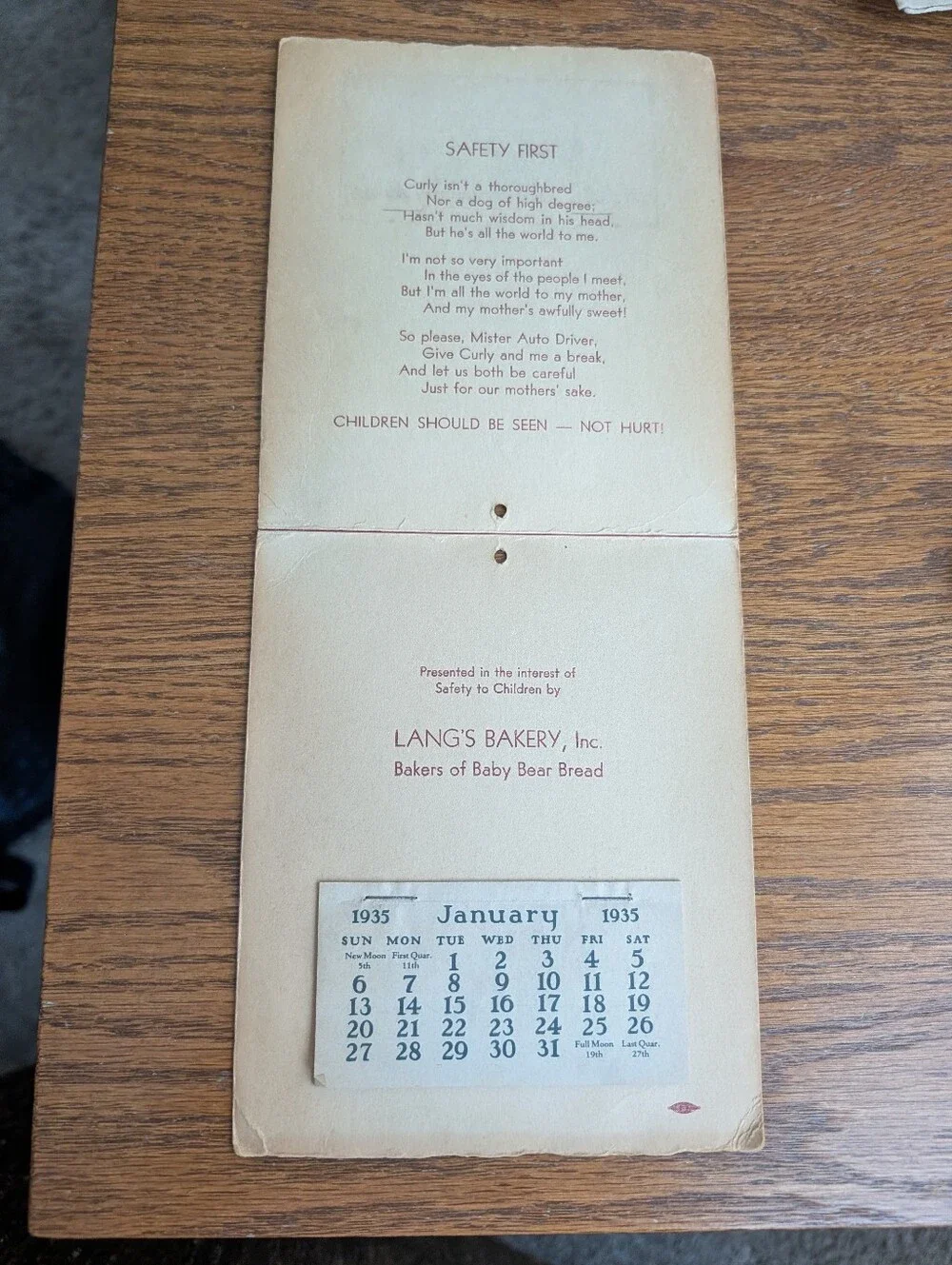 Vintage Lang's Bakery, Inc. Calendar Safety First 1935